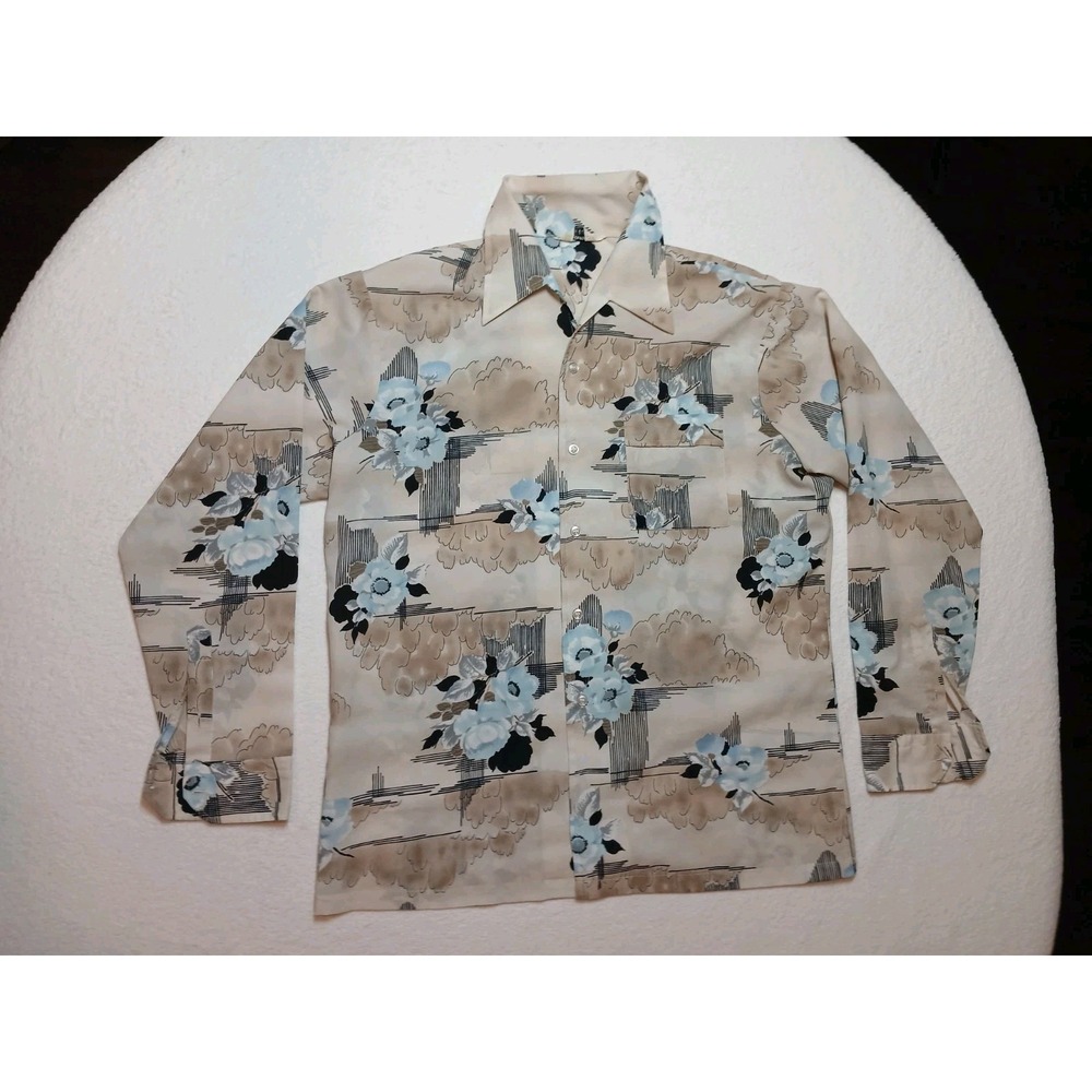 Mens Vintage Lancer California Shirt Size Large Tan With Blue Flowers Outdoors